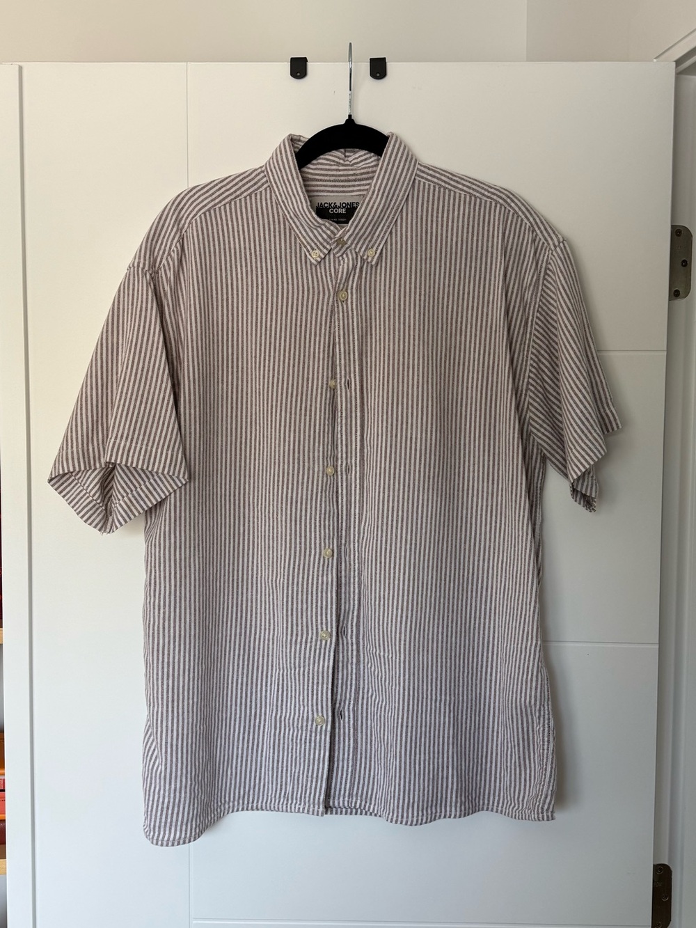Jack and Jones Striped Short Sleeve Button-Down Shirt - Beige and White
